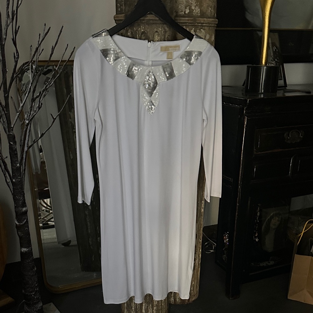 Michael Kors White Dress with Silver and White Sequin Details - NWT